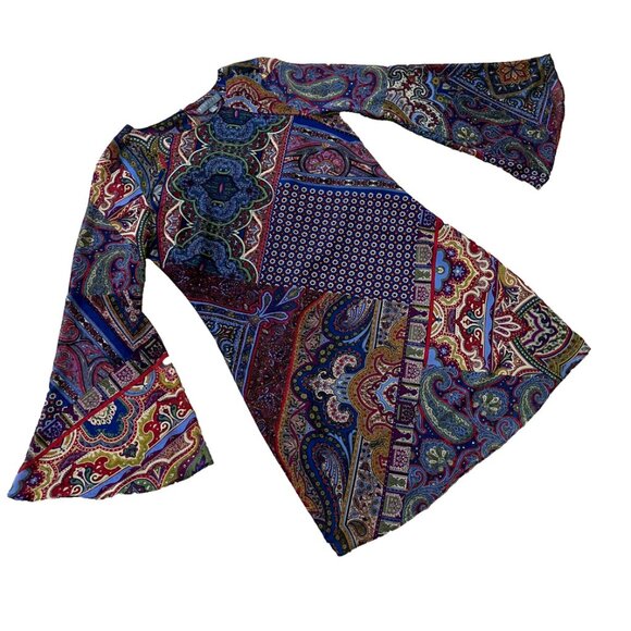 Highline Mini Shift Dress Multicolor Boho Paisley Chiffon Sheer Bell Sleeves - Picture 2 of 7